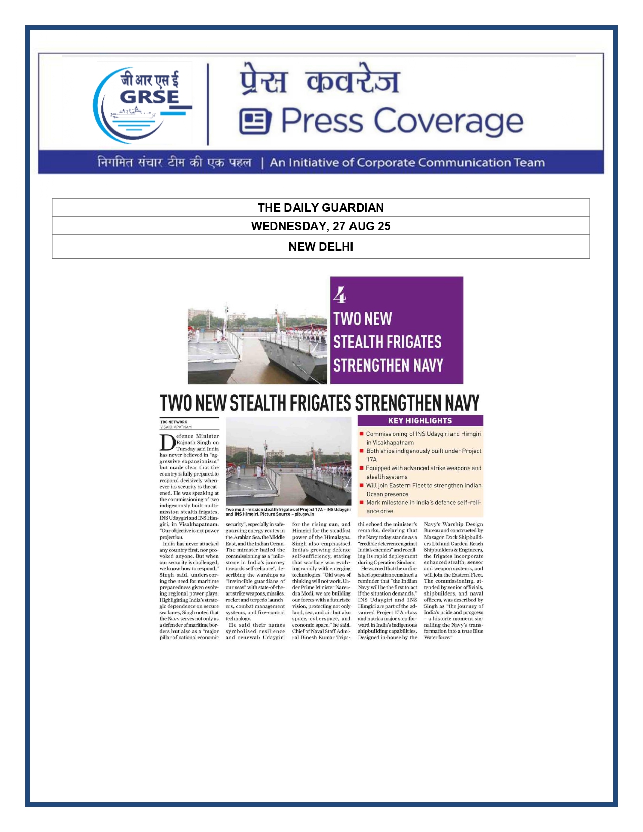 Press Coverage : 27 Aug 25:India will build its own warships,import no more:Rajnath